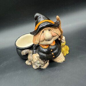 Vintage Halloween Witch Figurine Cat Cauldron Trinket Dish Planter Ceramic